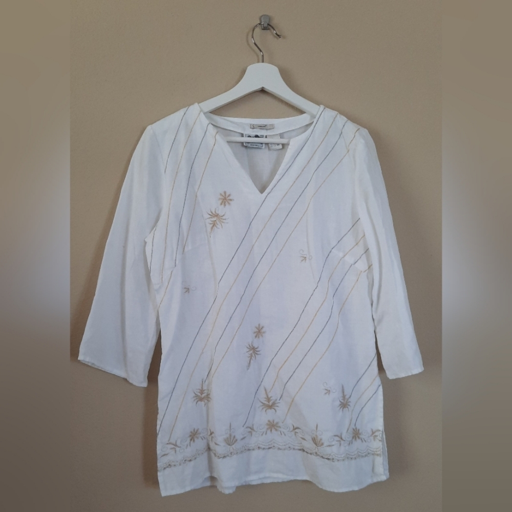 Edward 100% Irish Linen Embroidered Top Blouse Neutral Fisherman Coastal